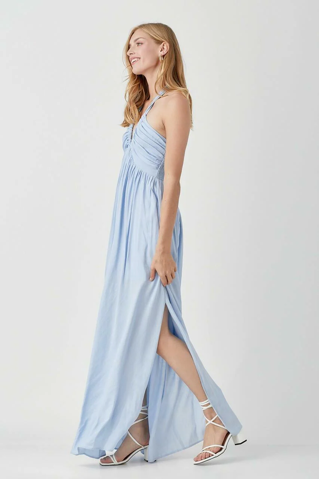 Halter Deep V-Neck Ruched Empire Waist Pleated Maxi Dress