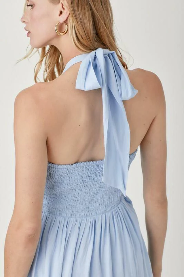 Halter Deep V-Neck Ruched Empire Waist Pleated Maxi Dress