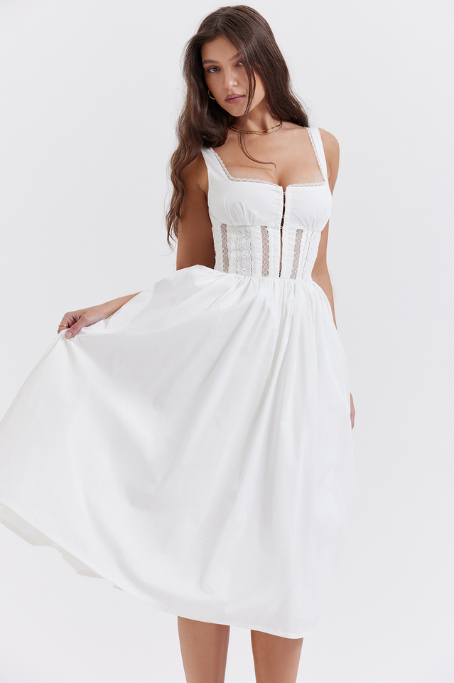 Lace Insert Corset Bodice Hook and Eye Front Flared Midi Dress