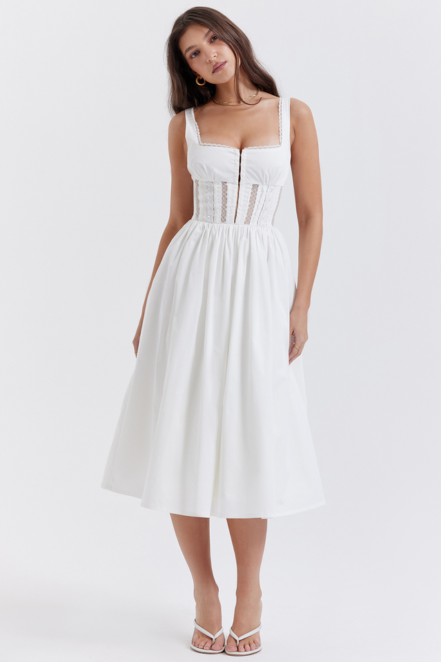 Lace Insert Corset Bodice Hook and Eye Front Flared Midi Dress