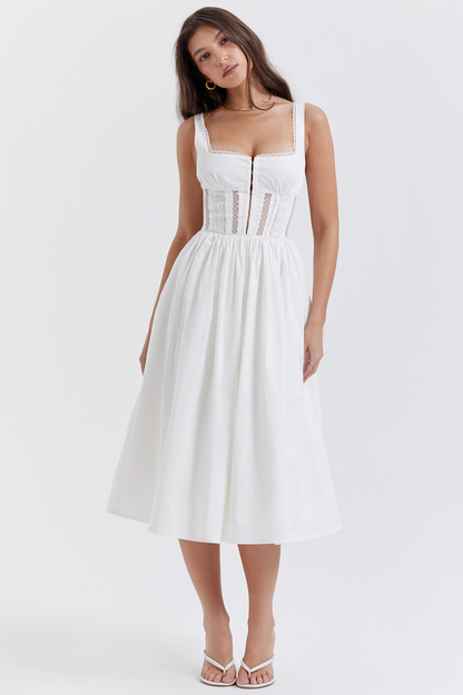 Lace Insert Corset Bodice Hook and Eye Front Flared Midi Dress