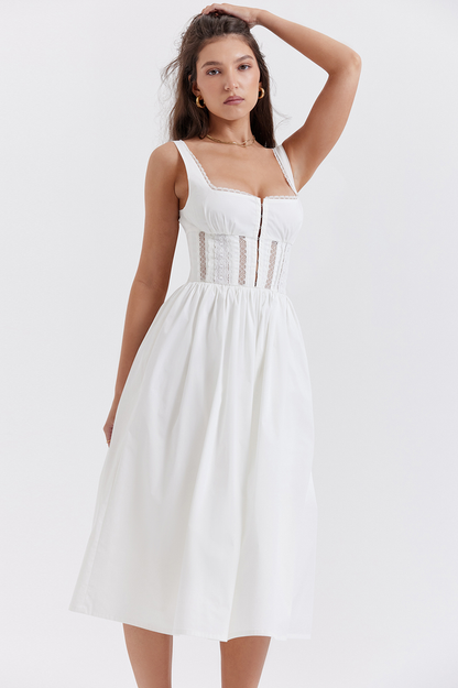Lace Insert Corset Bodice Hook and Eye Front Flared Midi Dress
