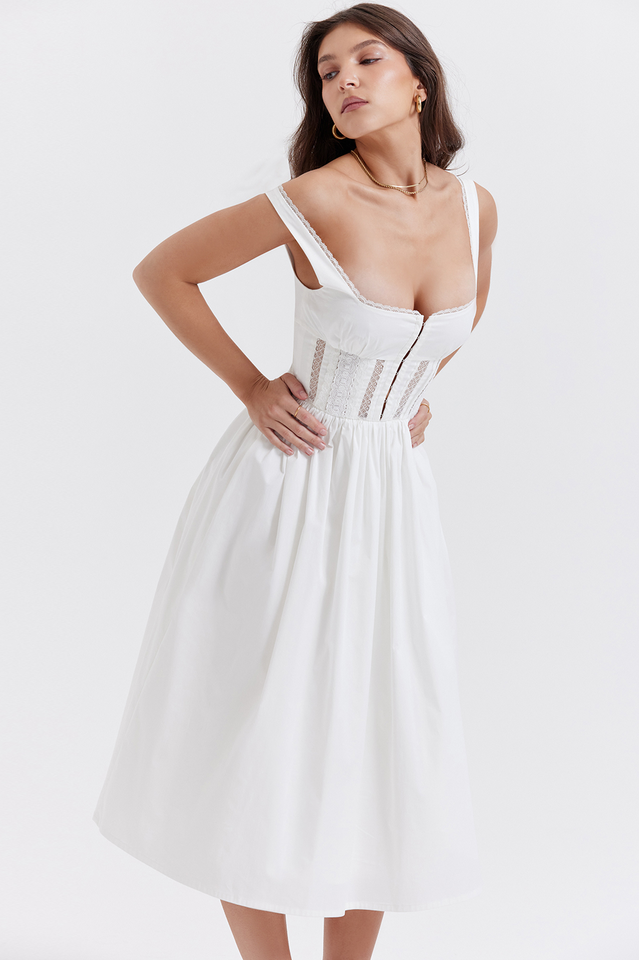 Lace Insert Corset Bodice Hook and Eye Front Flared Midi Dress