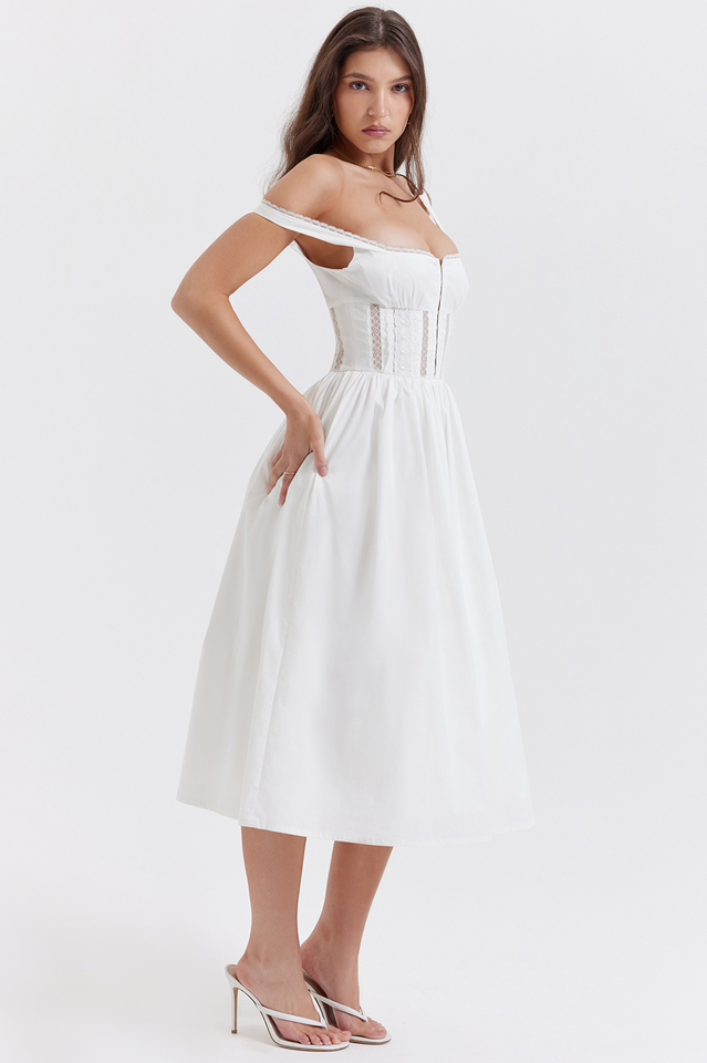Lace Insert Corset Bodice Hook and Eye Front Flared Midi Dress
