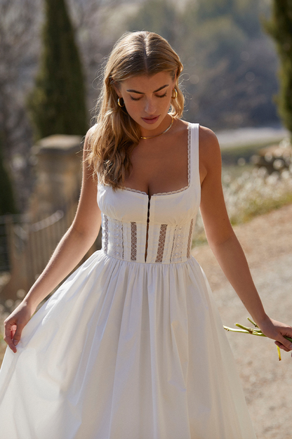 Lace Insert Corset Bodice Hook and Eye Front Flared Midi Dress
