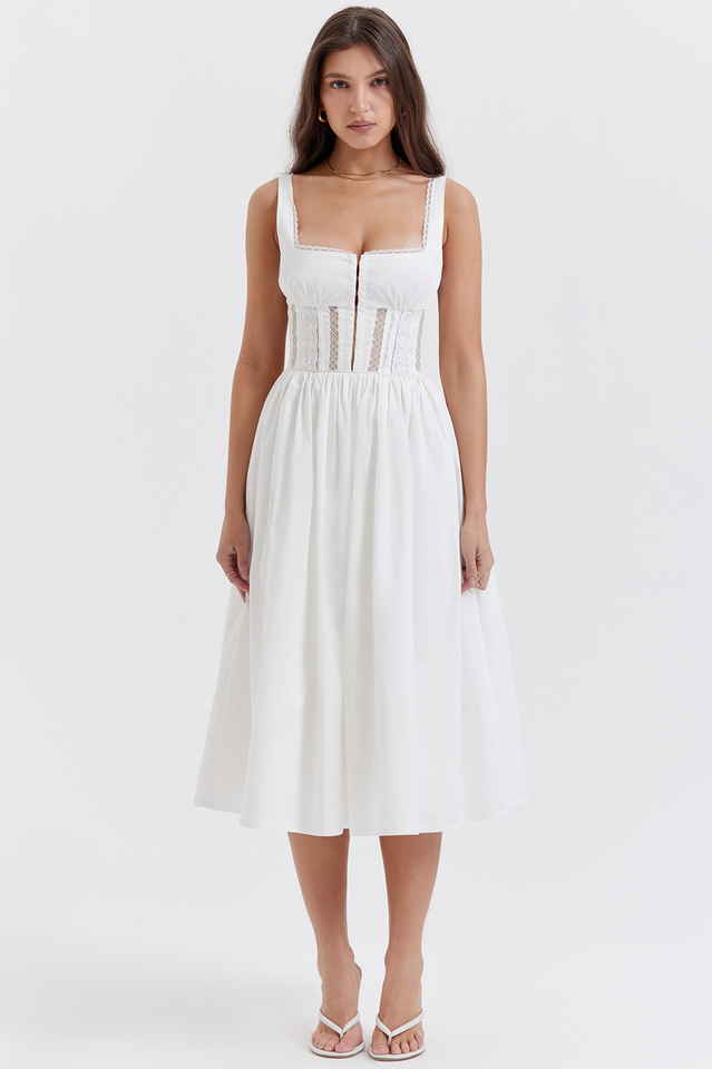 Lace Insert Corset Bodice Hook and Eye Front Flared Midi Dress