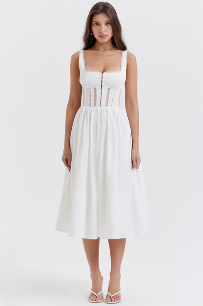 Lace Insert Corset Bodice Hook and Eye Front Flared Midi Dress