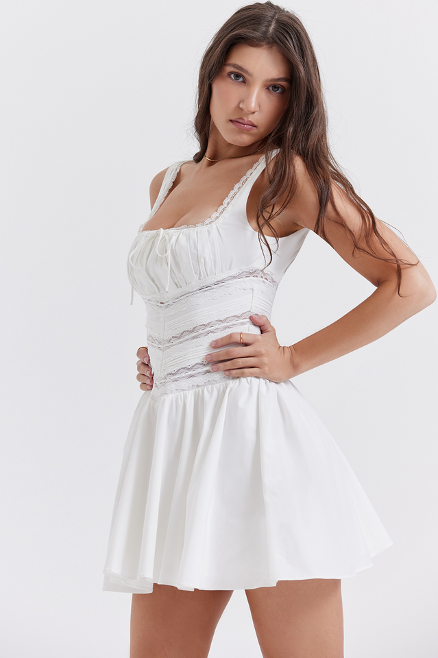 Lace Trim Ruched Bust Corset Bodice Square Neck Mini Dress