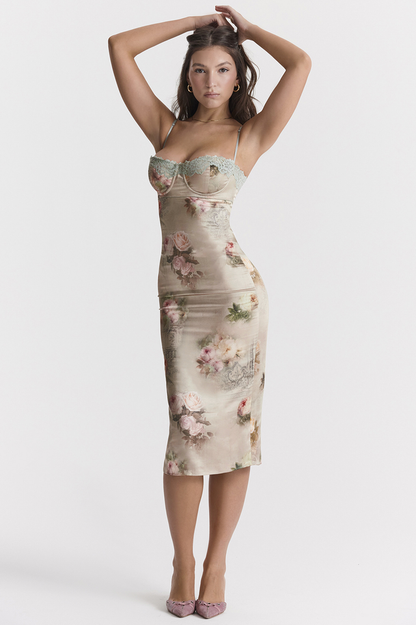 Floral Print Bustier Sweetheart Lace Trim Satin Bodycon Midi Dress
