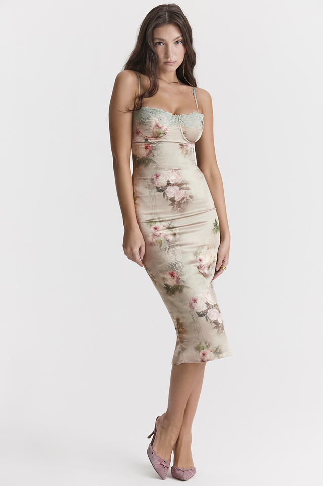 Floral Print Bustier Sweetheart Lace Trim Satin Bodycon Midi Dress