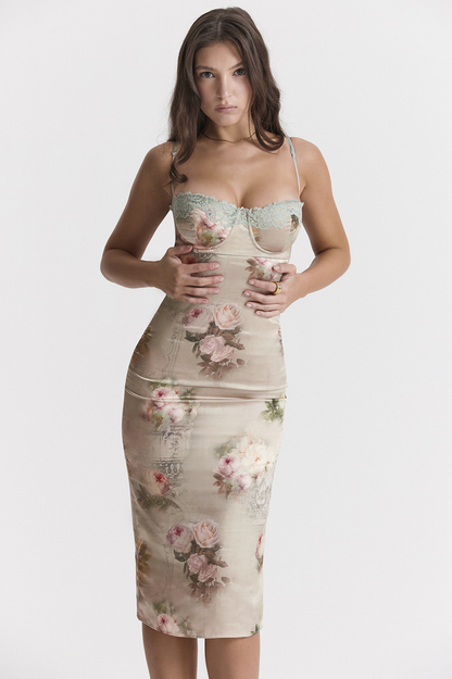 Floral Print Bustier Sweetheart Lace Trim Satin Bodycon Midi Dress
