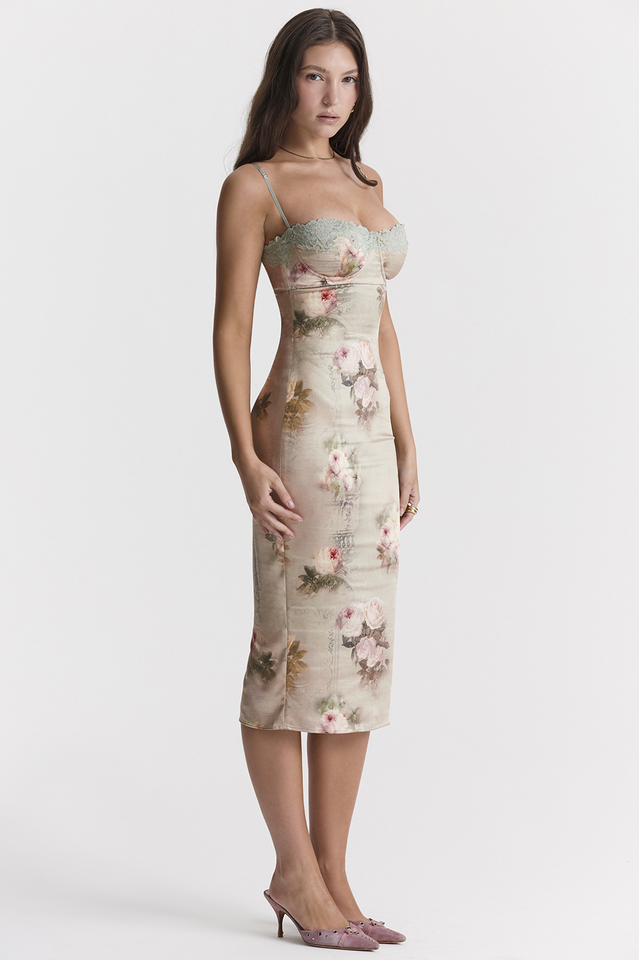 Floral Print Bustier Sweetheart Lace Trim Satin Bodycon Midi Dress