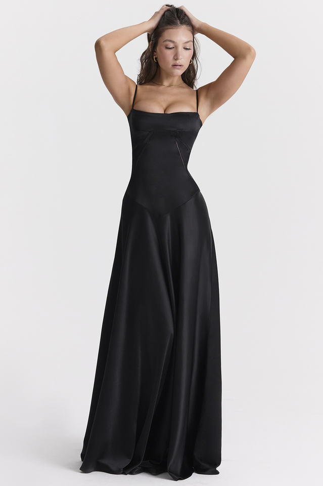 Satin Corset Bustier Spaghetti Strap Basque Waist A-Line Maxi Gown