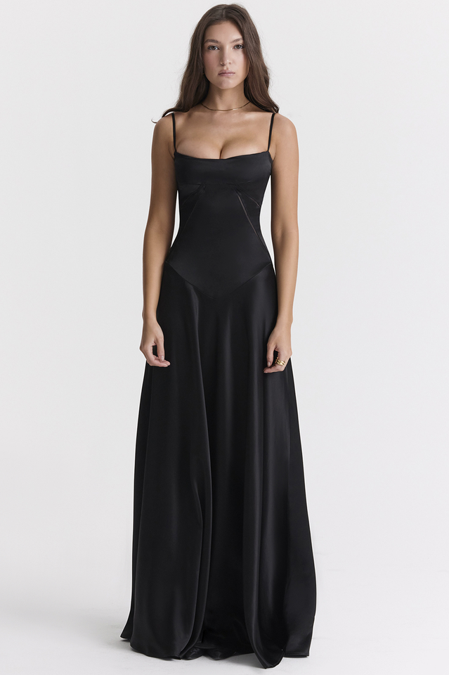 Satin Corset Bustier Spaghetti Strap Basque Waist A-Line Maxi Gown