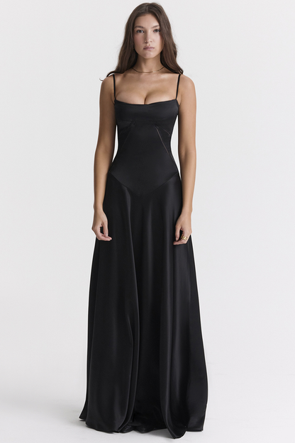 Satin Corset Bustier Spaghetti Strap Basque Waist A-Line Maxi Gown