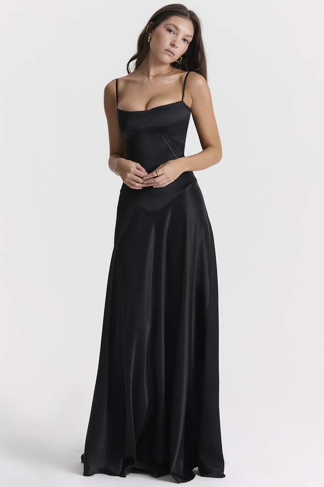 Satin Corset Bustier Spaghetti Strap Basque Waist A-Line Maxi Gown