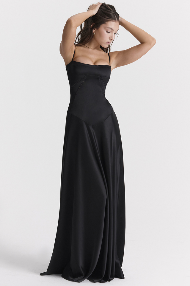 Satin Corset Bustier Spaghetti Strap Basque Waist A-Line Maxi Gown