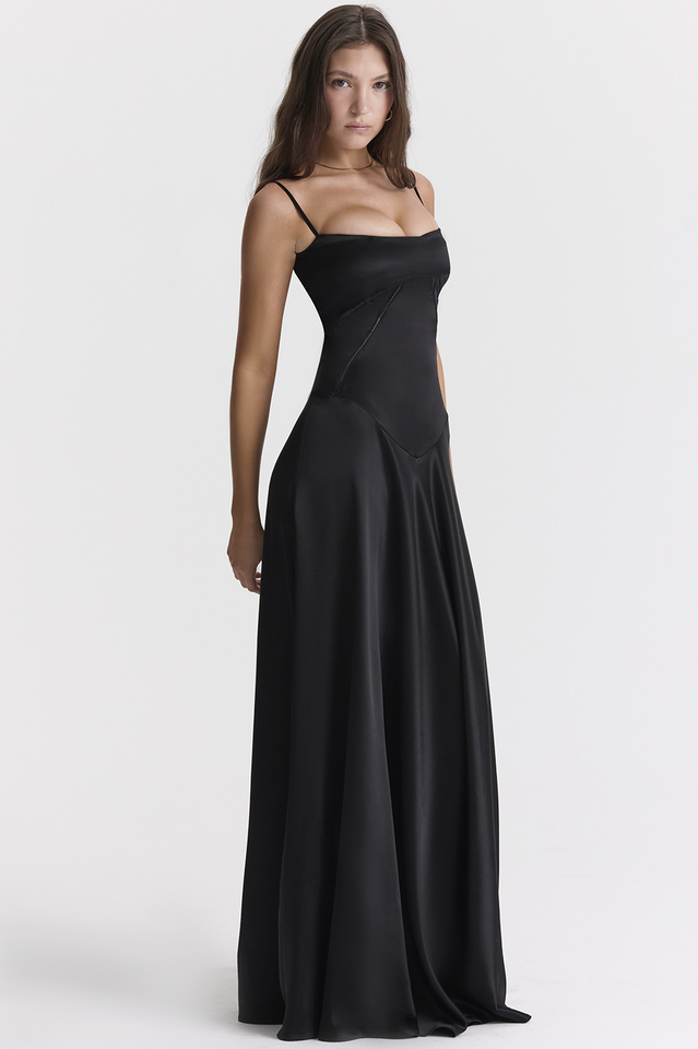 Satin Corset Bustier Spaghetti Strap Basque Waist A-Line Maxi Gown