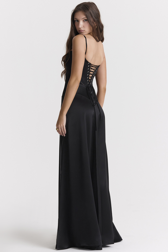 Satin Corset Bustier Spaghetti Strap Basque Waist A-Line Maxi Gown