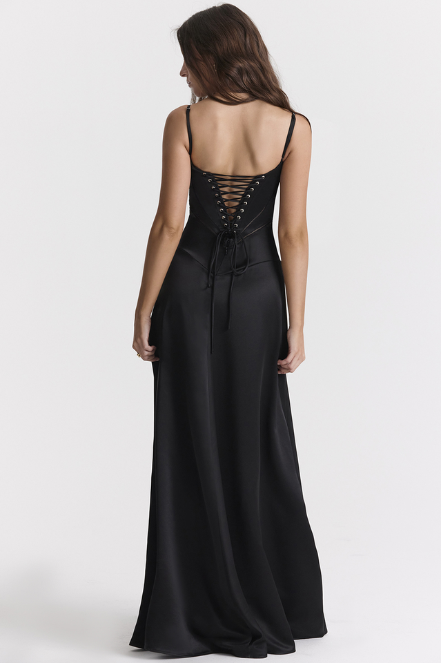 Satin Corset Bustier Spaghetti Strap Basque Waist A-Line Maxi Gown
