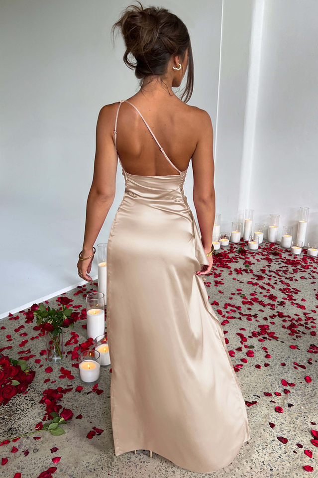 One Shoulder Ruched Satin High Slit Cascading Ruffle Trim Maxi Gown