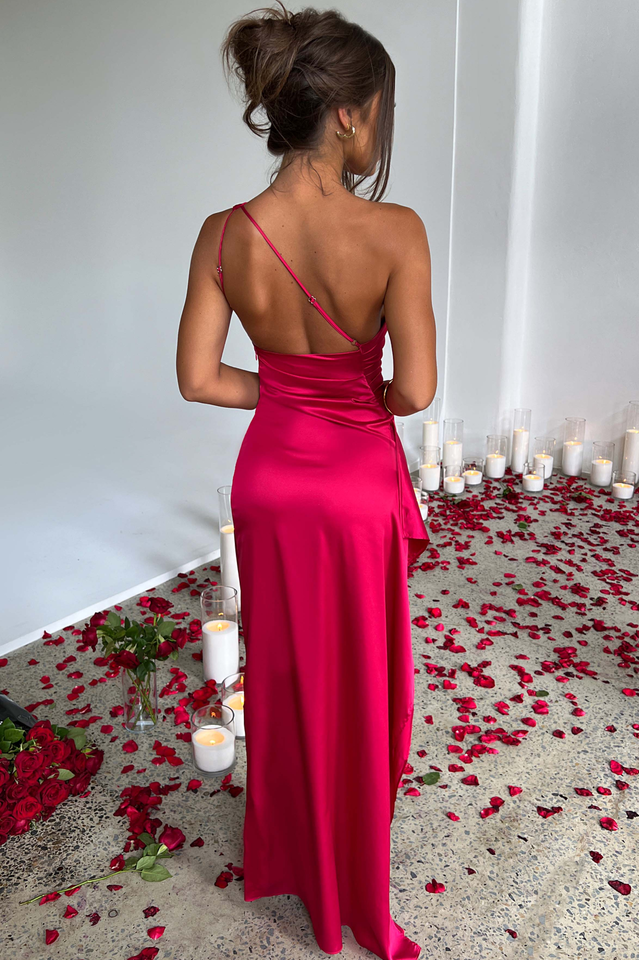 One Shoulder Ruched Satin High Slit Cascading Ruffle Trim Maxi Gown