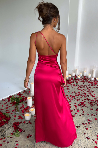 One Shoulder Ruched Satin High Slit Cascading Ruffle Trim Maxi Gown