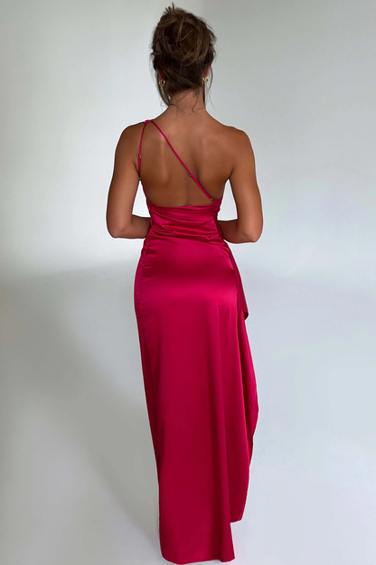 One Shoulder Ruched Satin High Slit Cascading Ruffle Trim Maxi Gown