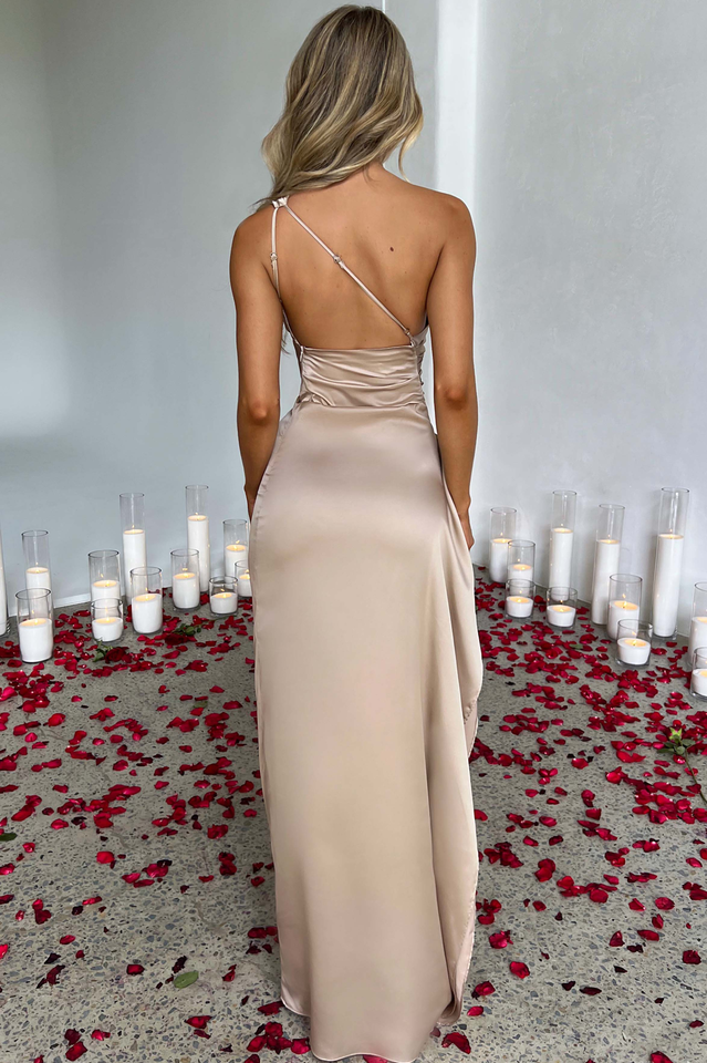 One Shoulder Ruched Satin High Slit Cascading Ruffle Trim Maxi Gown