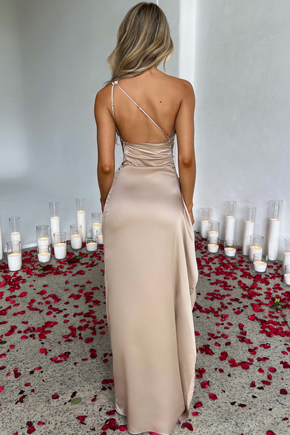 One Shoulder Ruched Satin High Slit Cascading Ruffle Trim Maxi Gown