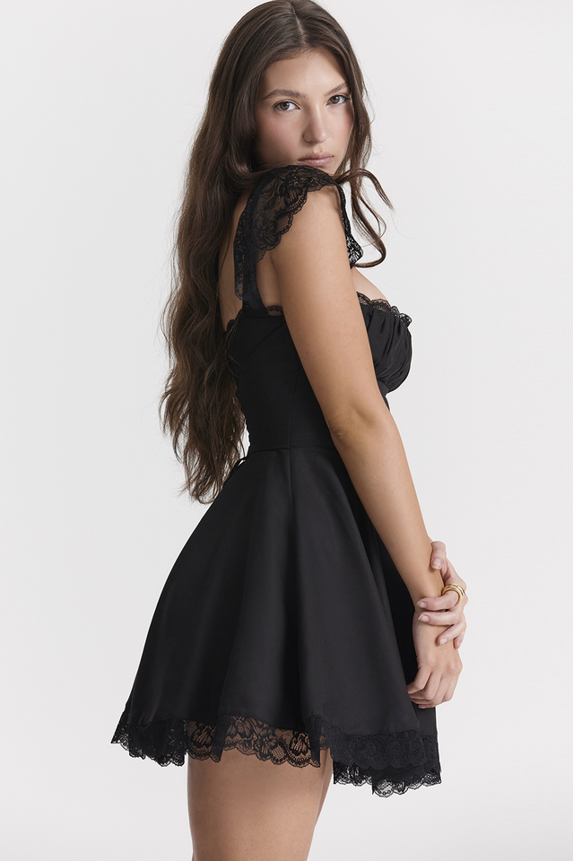 Square Neck Lace Cap Sleeve Ruched Bodice Lace Hem A-Line Mini Dress