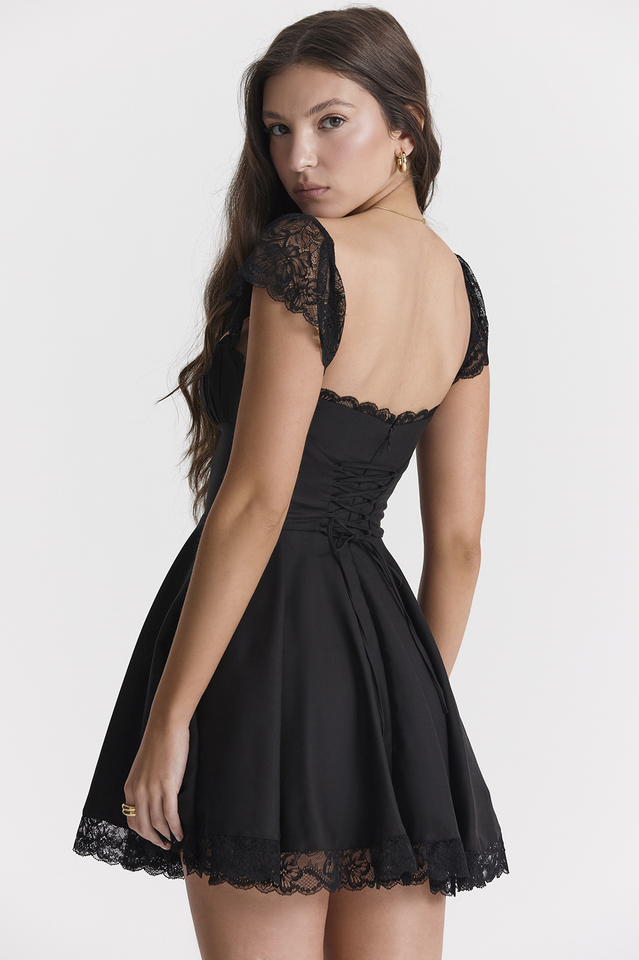 Square Neck Lace Cap Sleeve Ruched Bodice Lace Hem A-Line Mini Dress