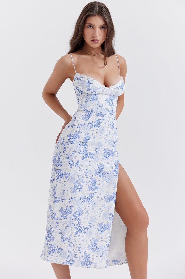 Floral Print Bustier Lace Trim Sweetheart Spaghetti Strap Side Slit Midi Dress