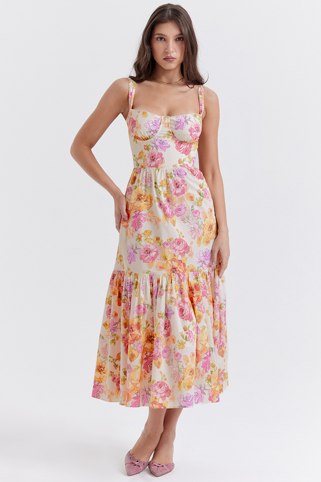 Floral Print Sweetheart Bustier Wide Strap Tiered Ruffle Hem Midi Dress