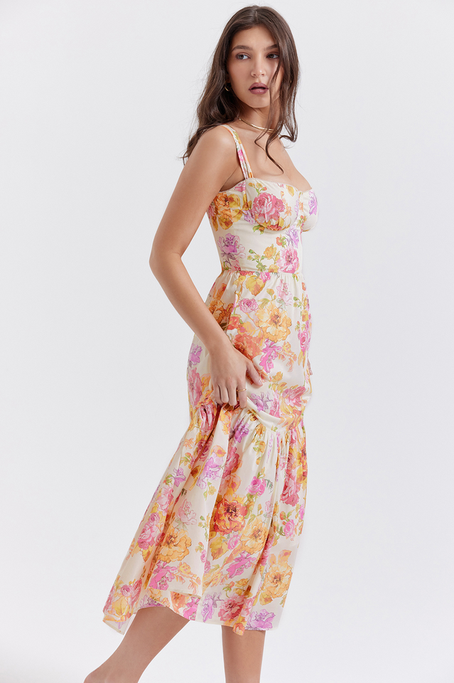 Floral Print Sweetheart Bustier Wide Strap Tiered Ruffle Hem Midi Dress