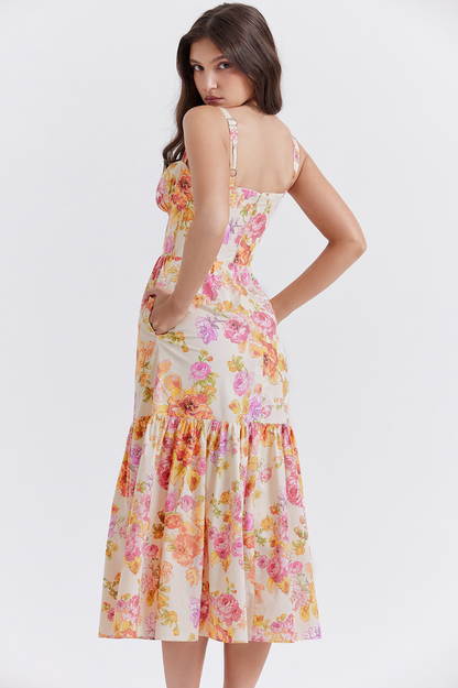 Floral Print Sweetheart Bustier Wide Strap Tiered Ruffle Hem Midi Dress