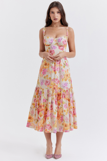 Floral Print Sweetheart Bustier Wide Strap Tiered Ruffle Hem Midi Dress