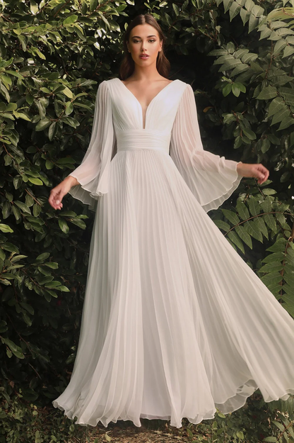 Accordion Pleat Plunging V-Neck Bell Sleeve Cinched Waist A-Line Maxi Gown