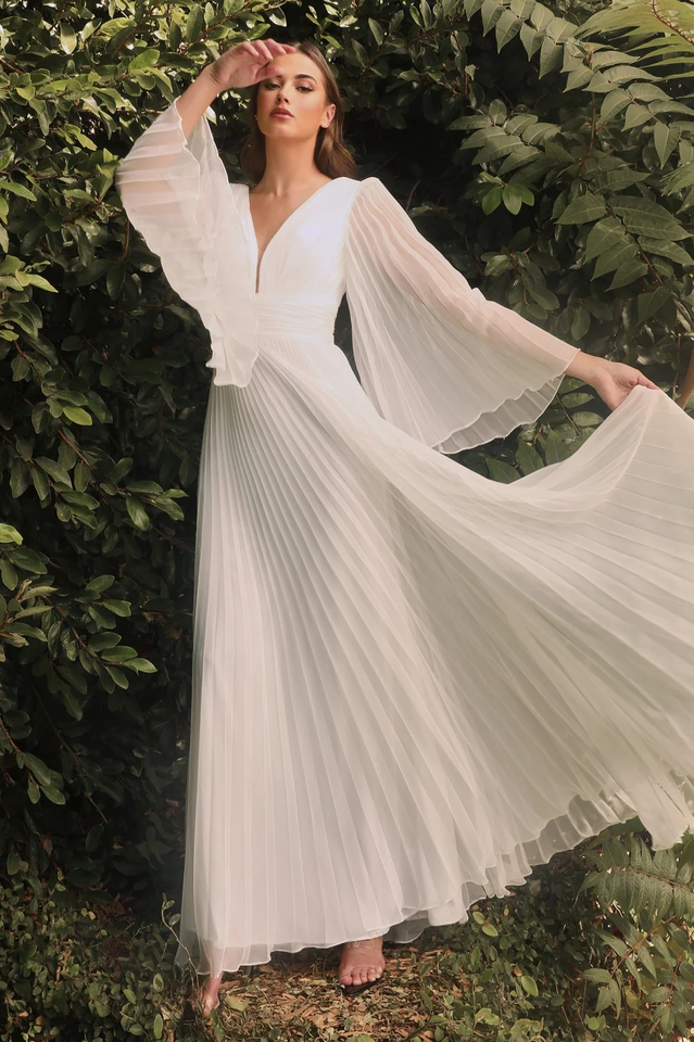 Accordion Pleat Plunging V-Neck Bell Sleeve Cinched Waist A-Line Maxi Gown