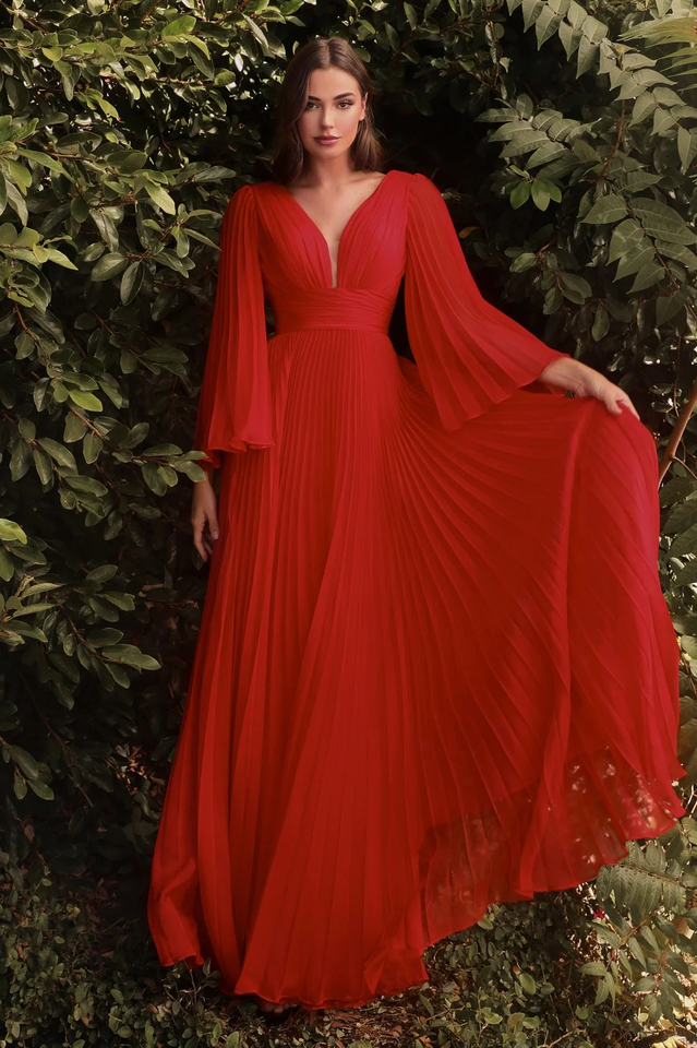 Accordion Pleat Plunging V-Neck Bell Sleeve Cinched Waist A-Line Maxi Gown
