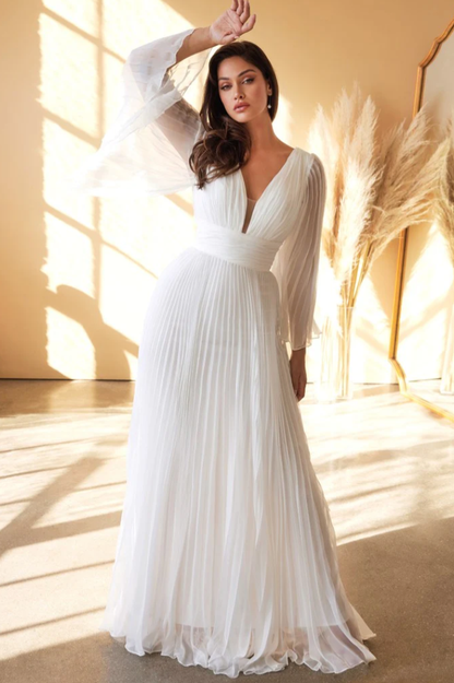 Accordion Pleat Plunging V-Neck Bell Sleeve Cinched Waist A-Line Maxi Gown