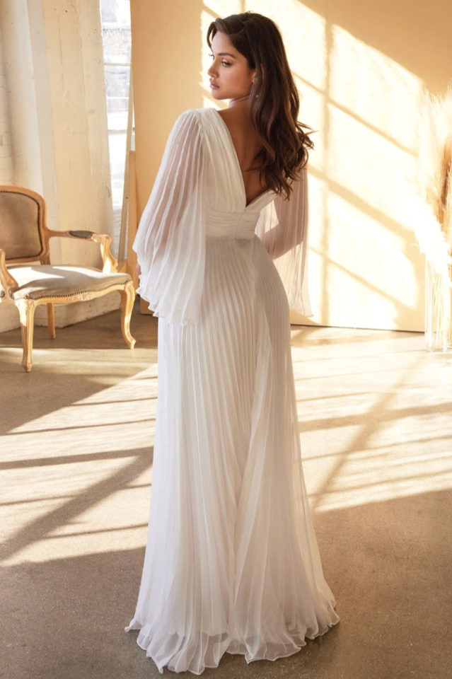 Accordion Pleat Plunging V-Neck Bell Sleeve Cinched Waist A-Line Maxi Gown