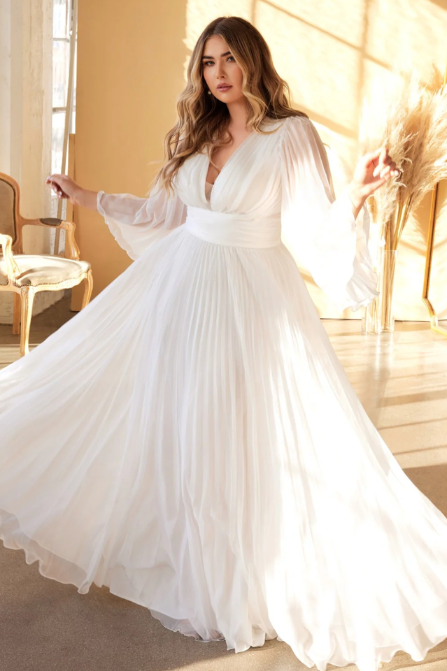 Accordion Pleat Plunging V-Neck Bell Sleeve Cinched Waist A-Line Maxi Gown