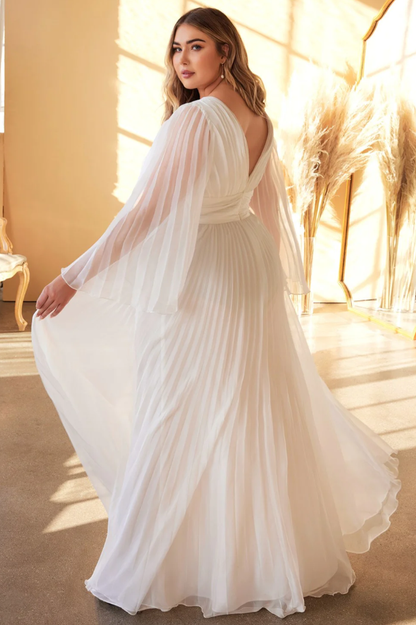 Accordion Pleat Plunging V-Neck Bell Sleeve Cinched Waist A-Line Maxi Gown