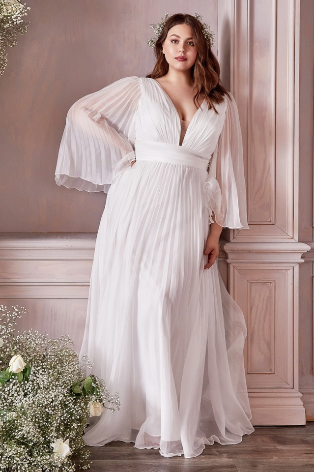 Accordion Pleat Plunging V-Neck Bell Sleeve Cinched Waist A-Line Maxi Gown