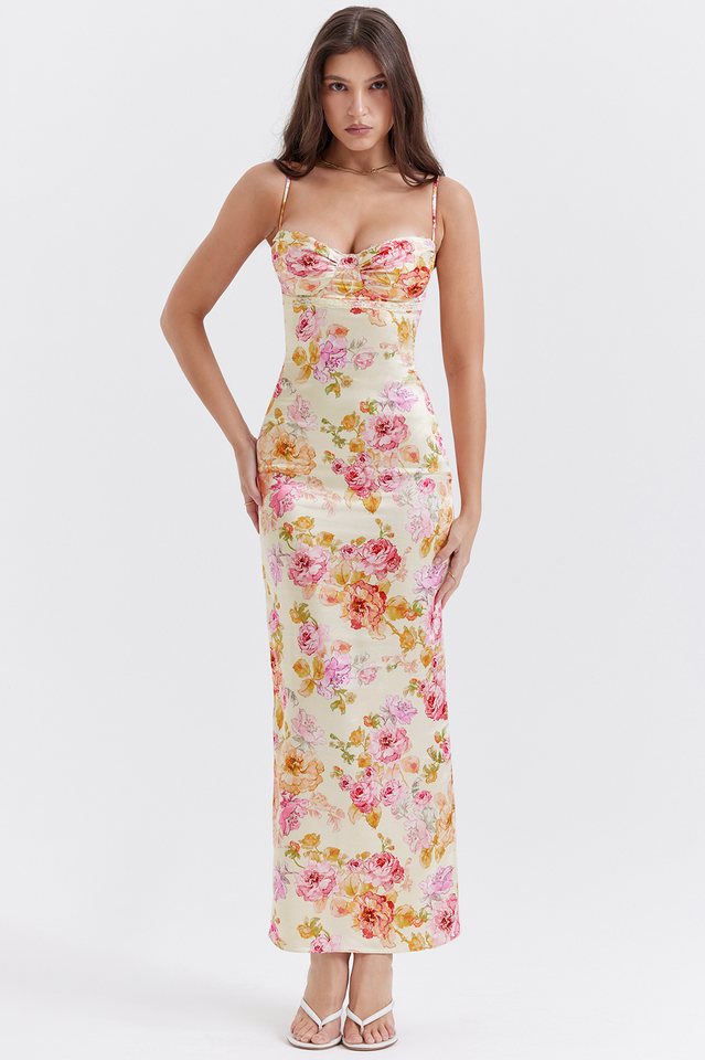 Floral Print Sweetheart Bustier Spaghetti Strap Bodycon Maxi Dress