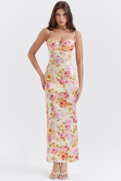 Floral Print Sweetheart Bustier Spaghetti Strap Bodycon Maxi Dress