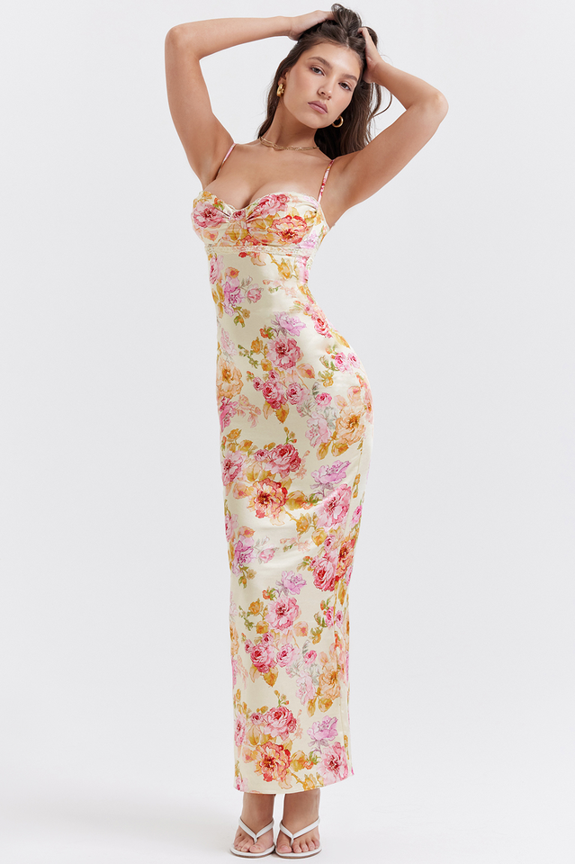 Floral Print Sweetheart Bustier Spaghetti Strap Bodycon Maxi Dress