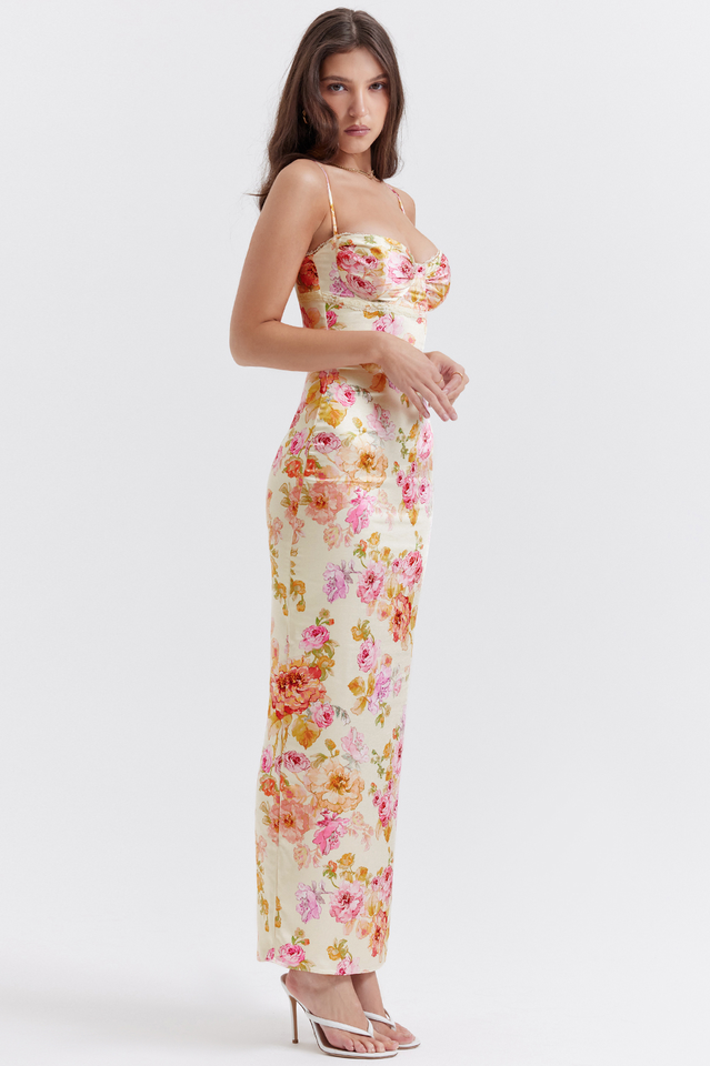 Floral Print Sweetheart Bustier Spaghetti Strap Bodycon Maxi Dress