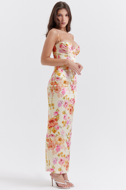 Floral Print Sweetheart Bustier Spaghetti Strap Bodycon Maxi Dress